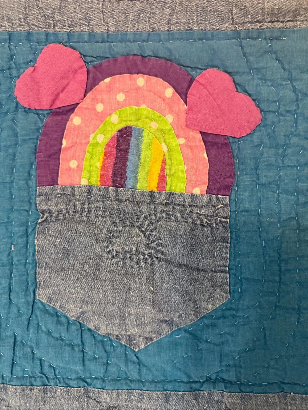 Vintage Handmade Applique Rainbow Quilt Twin 80x80” Floral Butterfly Patchwork